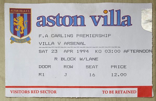 1993/94 ORIGINAL FA PREMIERSHIP TICKET ASTON VILLA V ARSENAL (VISITORS END)