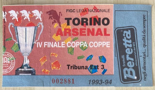 1993/94 ORIGINAL EUROPEAN CUP WINNERS CUP QUARTER FINAL 1ST LEG TICKET TORINO V ARSENAL (ARSENAL END)