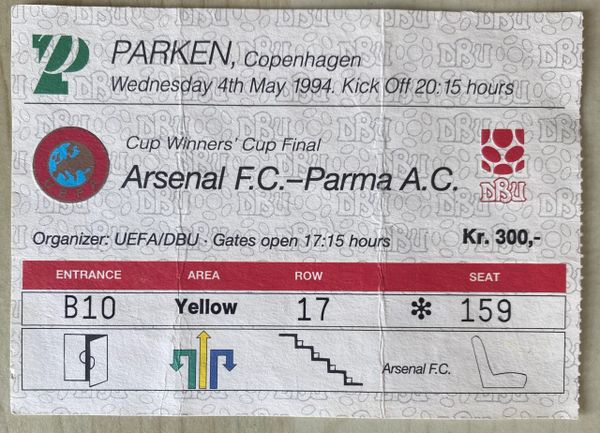1993/94 ORIGINAL EUROPEAN CUP WINNERS CUP FINAL TICKET PARMA V ARSENAL @ COPENHAGEN (ARSENAL END)