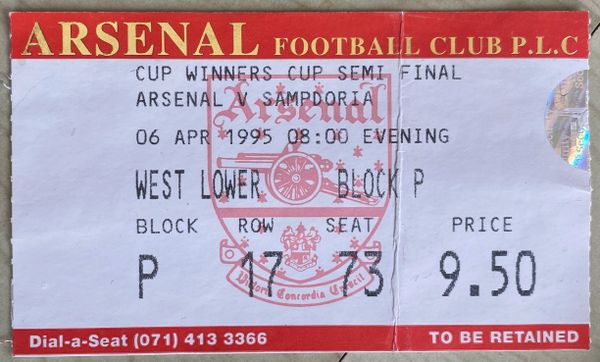 1994/95 ORIGINAL EUROPEAN CUP WINNERS CUP SEMI FINAL 1ST LEG TICKET ARSENAL V SAMPDORIA