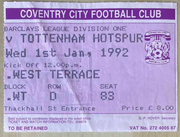 1991/92 ORIGINAL DIVISION ONE TICKET COVENTRY CITY V TOTTENHAM HOTSPUR