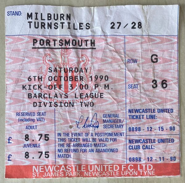 1990/91 ORIGINAL DIVISION TWO TICKET NEWCASTLE UNITED V PORTSMOUTH