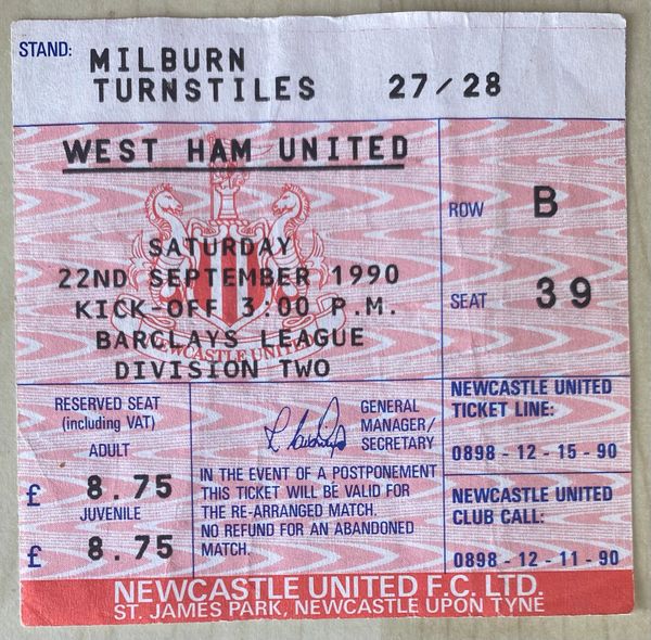 1990/91 ORIGINAL DIVISION TWO TICKET NEWCASTLE UNITED V WEST HAM UNITED