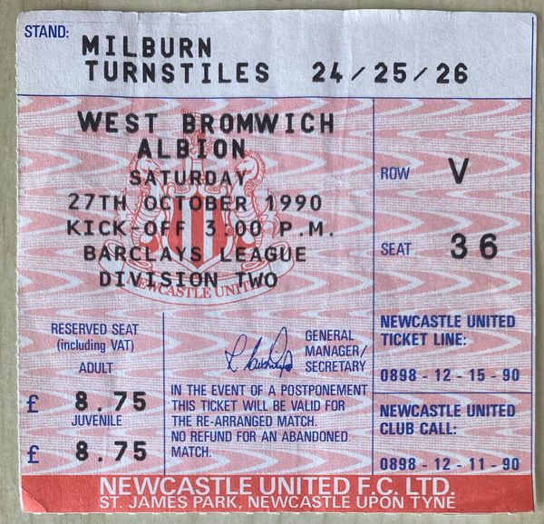 1990/91 ORIGINAL DIVISION TWO TICKET NEWCASTLE UNITED V WEST BROMWICH ALBION