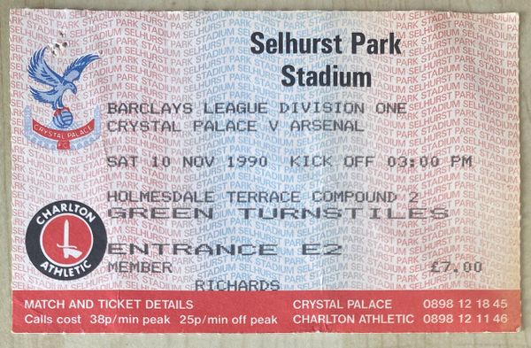 1990/91 ORIGINAL DIVISION ONE TICKET CRYSTAL PALACE V ARSENAL