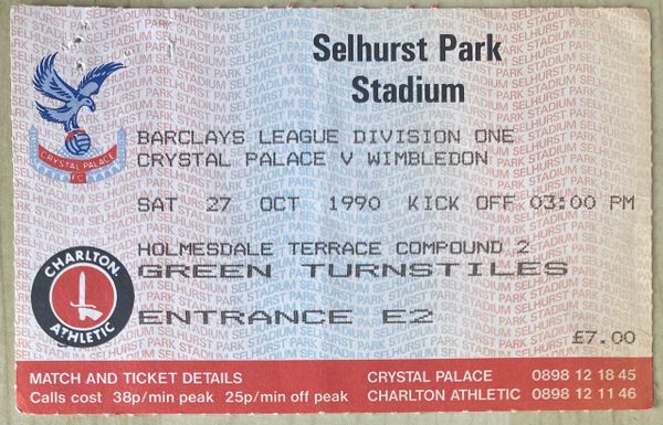 1990/91 ORIGINAL DIVISION ONE TICKET CRYSTAL PALACE V WIMBLEDON