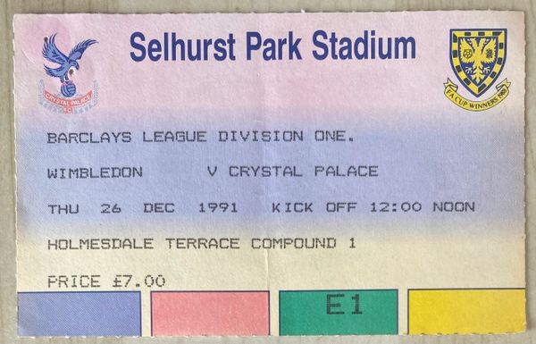 1991/92 ORIGINAL DIVISION ONE TICKET WIMBLEDON v CRYSTAL PALACE