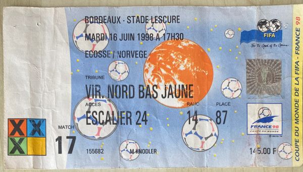 1998 ORIGINAL WORLD CUP 1ST ROUND TICKET SCOTLAND V NORWAY @ BORDEAUX