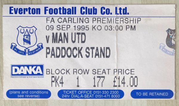 1994/95 ORIGINAL FA PREMIERSHIP TICKET EVERTON V MANCHESTER UNITED