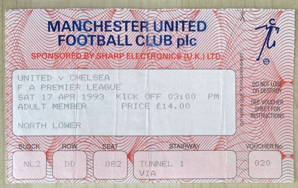 1992/93 ORIGINAL FA PREMIER LEAGUE TICKET MANCHESTER UNITED V CHELSEA