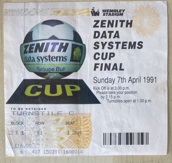 1991 ORIGINAL ZENITH DATA SYSTEMS CUP FINAL TICKET CRYSTAL PALACE V EVERTON (EVERTON ALLOCATION)