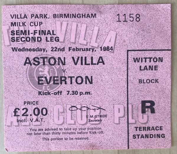 1983/84 ORIGINAL LEAGUE MILK CUP SEMI FINAL 2ND LEG TICKET ASTON VILLA V EVERTON (EVERTON ALLOCATION)