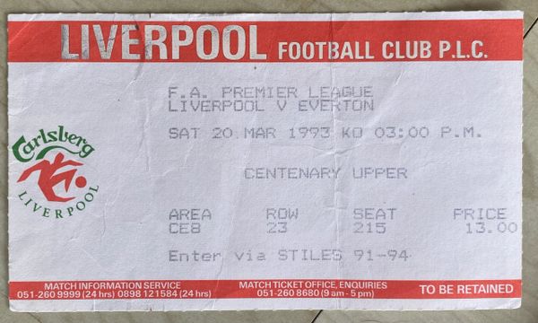 1992/93 ORIGINAL DIVISION ONE TICKET LIVERPOOL V EVERTON