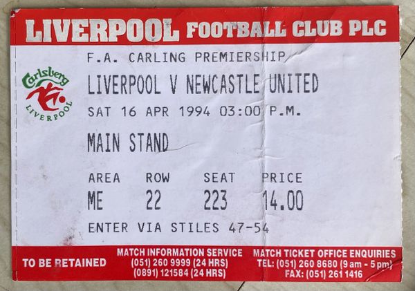 1993/94 ORIGINAL DIVISION ONE TICKET LIVERPOOL V NEWCASTLE UNITED