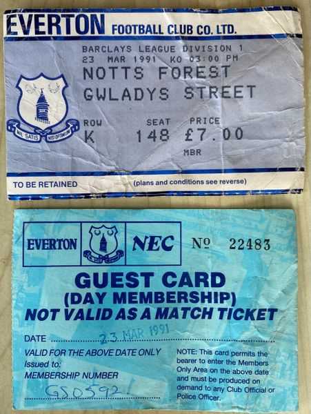 1990/91 ORIGINAL DIVISION ONE TICKET EVERTON V NOTTINGHAM FOREST AND MATCH ONLY MEMBERS CARD