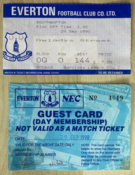 1990/91 ORIGINAL DIVISION ONE TICKET EVERTON V SOUTHAMPTON AND MATCH ONLY MEMBERS CARD