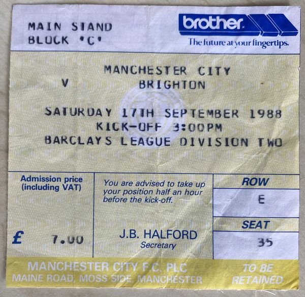 1988/89 ORIGINAL DIVISION TWO TICKET MANCHESTER CITY V BRIGHTON AND HOVE ALBION