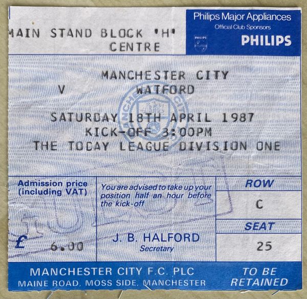 1986/87 ORIGINAL DIVISION ONE TICKET MANCHESTER CITY V WATFORD