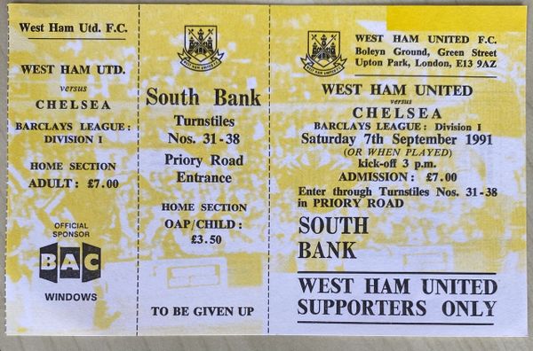 1991/92 ORIGINAL UNUSED DIVISION ONE TICKET WEST HAM UNITED V CHELSEA