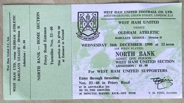 1990/91 ORIGINAL UNUSED DIVISION TWO TICKET WEST HAM UNITED V OLDHAM ATHLETIC