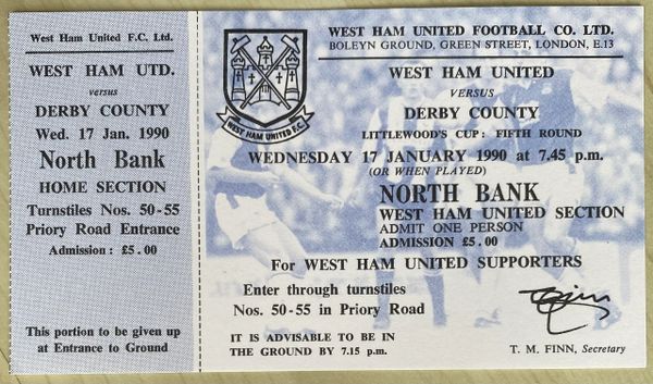 1989/90 ORIGINAL UNUSED LITTLEWOODS CUP 5TH ROUND TICKET WEST HAM UNITED V DERBY COUNTY