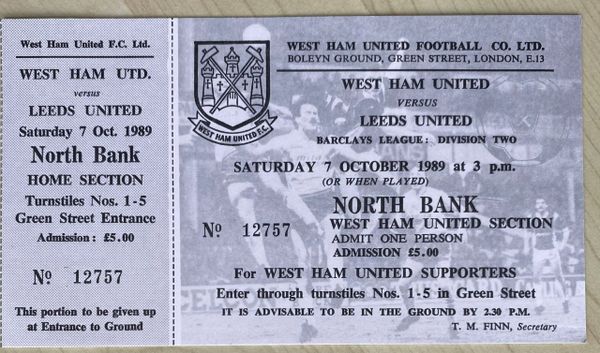 1989/90 ORIGINAL UNUSED DIVISION TWO TICKET WEST HAM UNITED V LEEDS UNITED