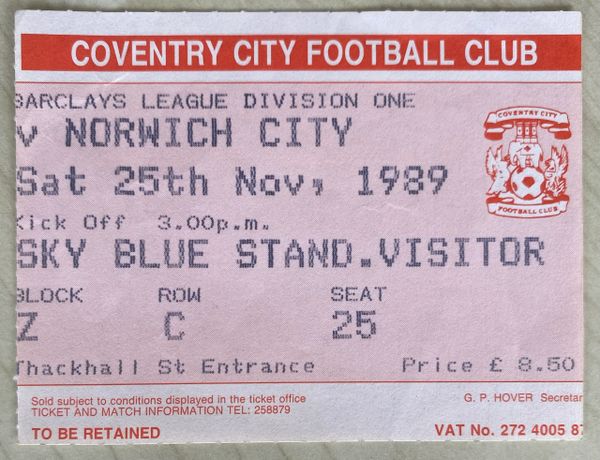 1989/90 ORIGINAL DIVISION ONE TICKET COVENTRY CITY V NORWICH CITY (VISITORS END)
