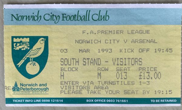 1992/93 ORIGINAL FA PREMIER LEAGUE TICKET NORWICH CITY V ARSENAL (VISITORS ALLOCATION)