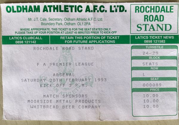 1992/93 ORIGINAL FA PREMIER LEAGUE TICKET OLDHAM ATHLETIC V ARSENAL (VISITORS ALLOCATION)