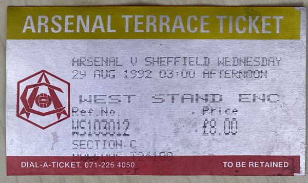 1992/93 ORIGINAL FA PREMIER LEAGUE TICKET ARSENAL V SHEFFIELD WEDNESDAY