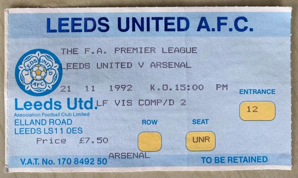 1992/93 ORIGINAL FA PREMIER LEAGUE TICKET LEEDS UNITED V ARSENAL (VISITORS ALLOCATION)