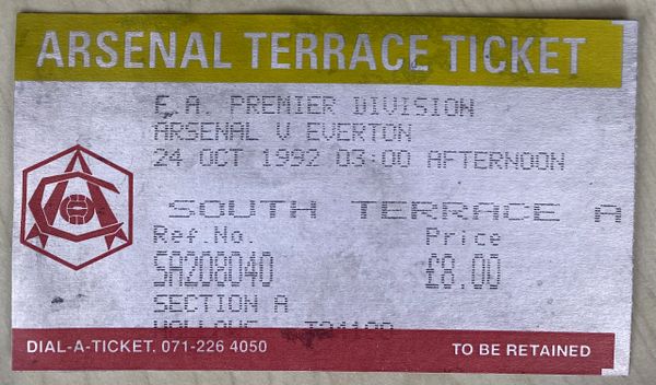 1992/93 ORIGINAL FA PREMIER LEAGUE TICKET ARSENAL V EVERTON