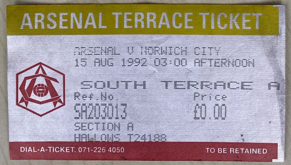 1992/93 ORIGINAL FA PREMIER LEAGUE TICKET ARSENAL V NORWICH CITY