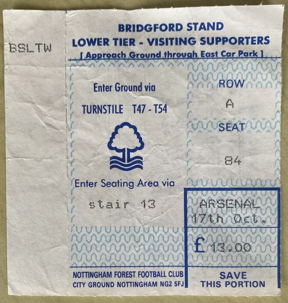 1992/93 ORIGINAL FA PREMIER LEAGUE TICKET NOTTINGHAM FOREST V ARSENAL (VISITORS ALLOCATION)