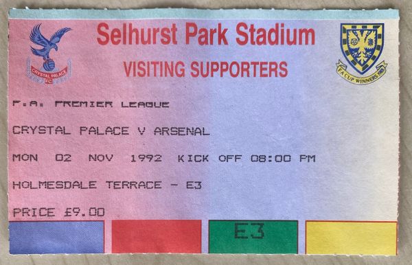 1992/93 ORIGINAL FA PREMIER LEAGUE TICKET CRYSTAL PALACE V ARSENAL (VISITORS ALLOCATION)