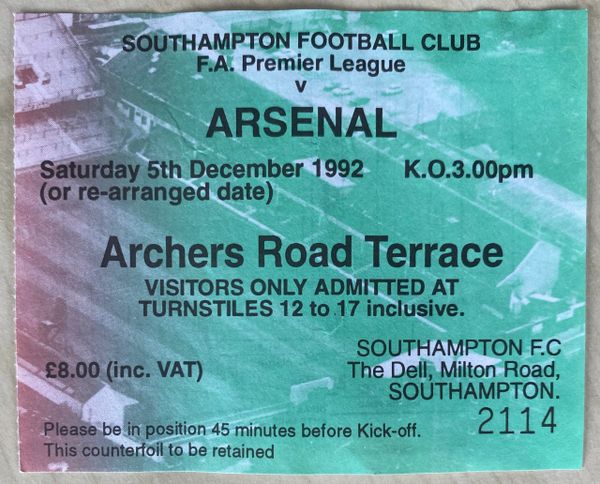 1992/93 ORIGINAL FA PREMIER LEAGUE TICKET SOUTHAMPTON V ARSENAL (VISITORS ALLOCATION)