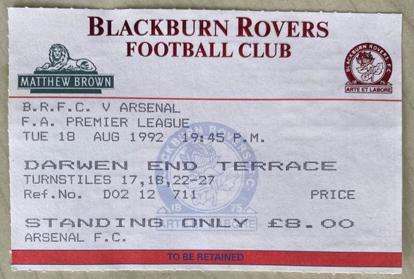 1992/93 ORIGINAL FA PREMIER LEAGUE TICKET BLACKBURN ROVERS V ARSENAL (VISITORS ALLOCATION)