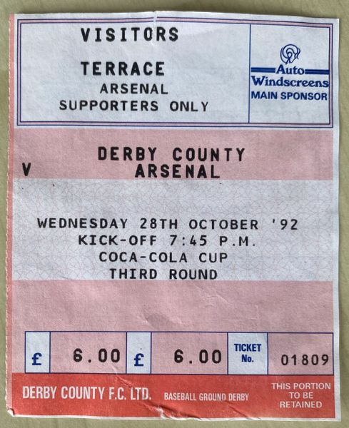 1992/93 ORIGINAL LEAGUE CUP 3RD ROUND TICKET DERBY COUNTY V ARSENAL (VISITORS ALLOCATION)