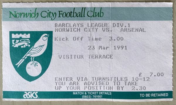 1990/91 ORIGINAL DIVISION ONE TICKET NORWICH CITY V ARSENAL (VISITORS END)