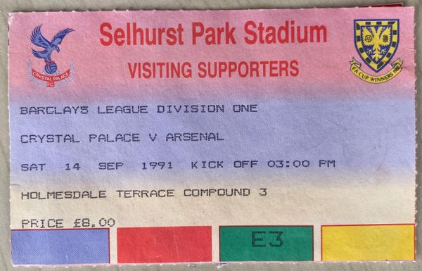 1991/92 ORIGINAL DIVISION ONE TICKET CRYSTAL PALACE V ARSENAL (VISITORS ALLOCATION)