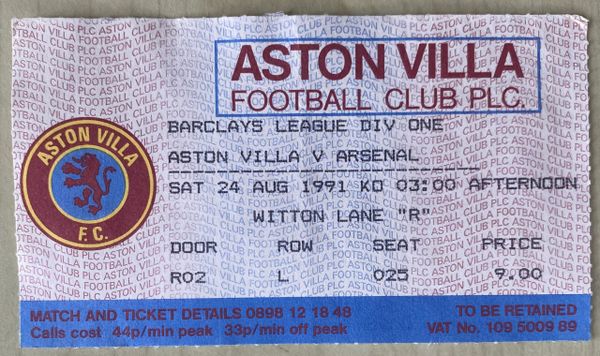 1991/92 ORIGINAL DIVISION ONE TICKET ASTON VILLA V ARSENAL (VISITORS ALLOCATION)