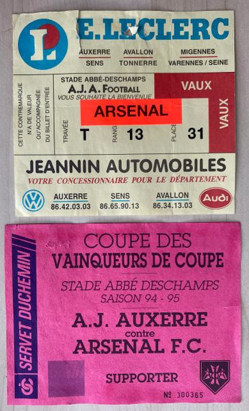 1994/95 ORIGINAL EUROPEAN CUP WINNERS CUP QUARTER FINAL 2ND LEG TICKET AUXERRE V ARSENAL (ARSENAL END)