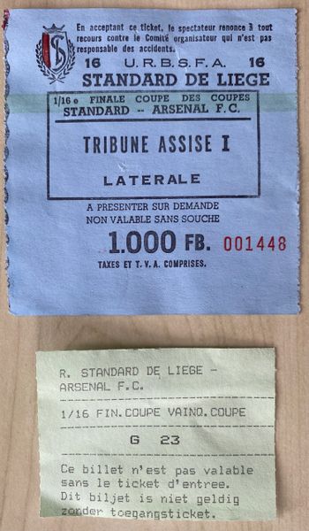 1993/94 ORIGINAL EUROPEAN CUP WINNERS CUP 2ND ROUND 2ND LEG TICKET STANDARD LIEGE V ARSENAL (ARSENAL END)