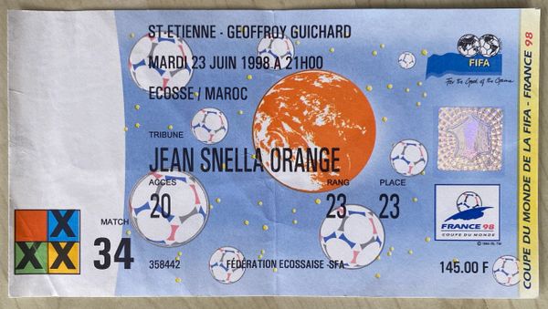 1998 ORIGINAL WORLD CUP 1ST ROUND TICKET SCOTLAND V MOROCCO @ ST ETIENNE