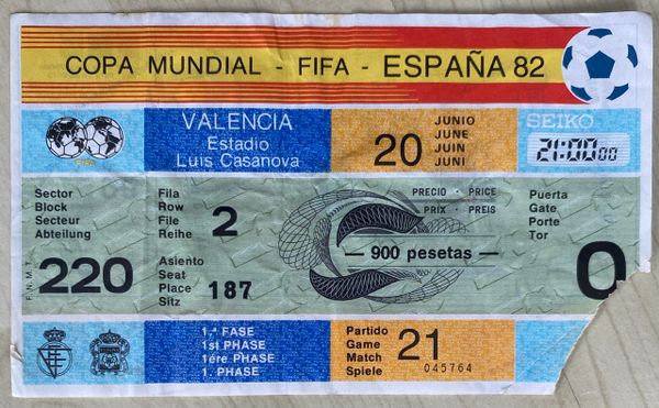 1982 ORIGINAL WORLD CUP TICKET SPAIN V YUGOSLAVIA @VALENCIA