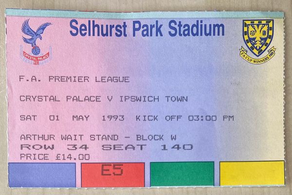 1992/93 ORIGINAL FA PREMIER LEAGUE TICKET CRYSTAL PALACE V IPSWICH TOWN