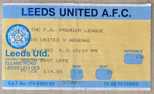 1992/93 ORIGINAL FA PREMIER LEAGUE TICKET LEEDS UNITED V ARSENAL