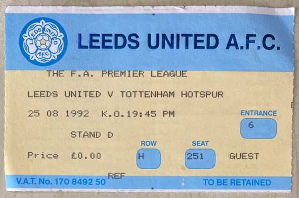 1992/93 ORIGINAL FA PREMIER LEAGUE TICKET LEEDS UNITED V TOTTENHAM HOTSPUR