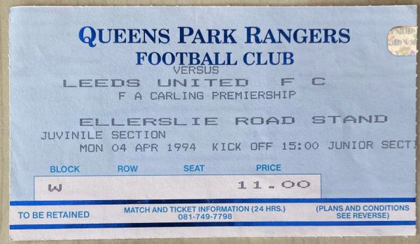 1993/94 ORIGINAL FA PREMIERSHIP TICKET QUEENS PARK RANGERS V LEEDS UNITED