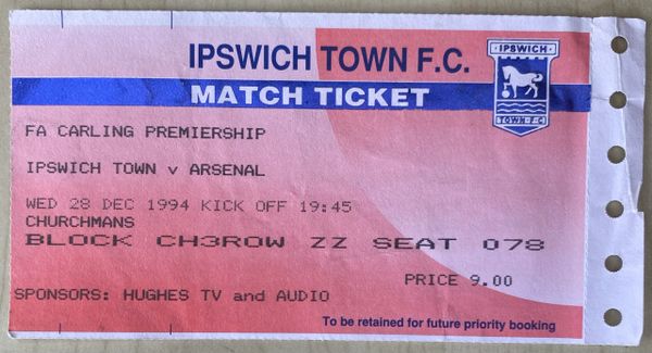 1994/95 ORIGINAL FA PREMIERSHIP LEAGUE TICKET IPSWICH TOWN V ARSENAL